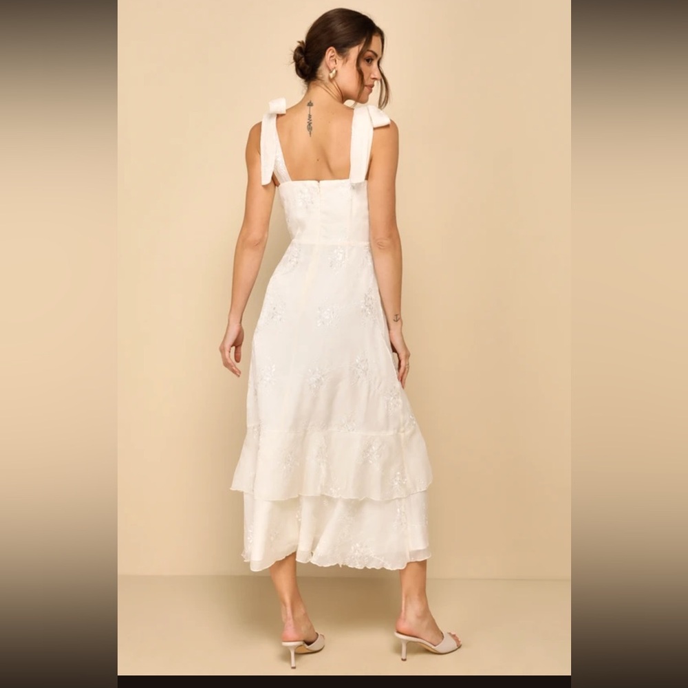 Lulus Embroidered Ruffled Tie-Strap straps
Midi Dress Ivory beige creme xl - Picture 2 of 5